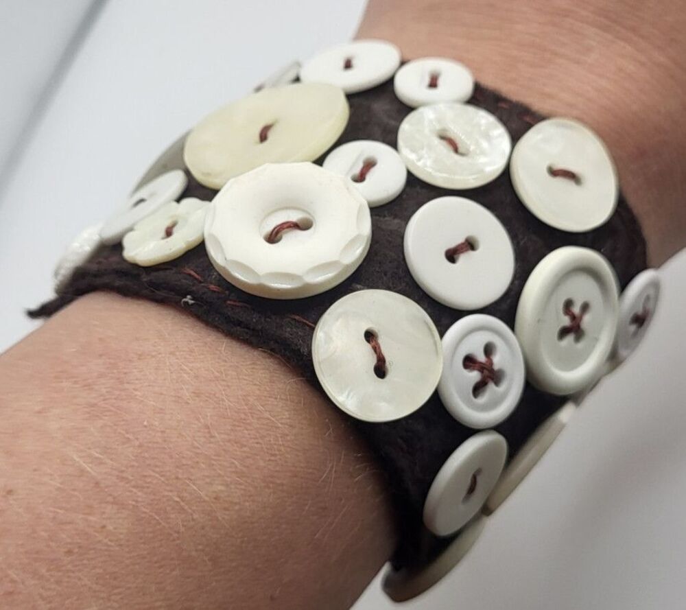 Handmade Button Cuff Bracelet White Mother-Of-Pearl Buttons Wide Brown Fabric 5"